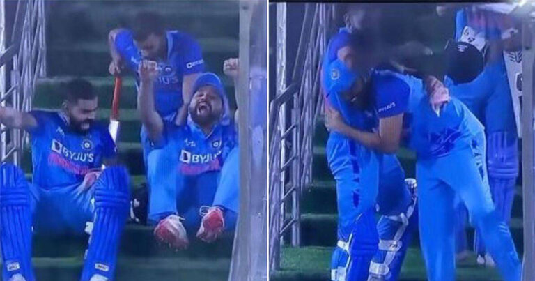 VIDEO: हार्दिक पांड्या के चौका लगाते ही खुशी से उछल पड़ी टीम, कप्तान रोहित ने कोहली को लगाया गले
